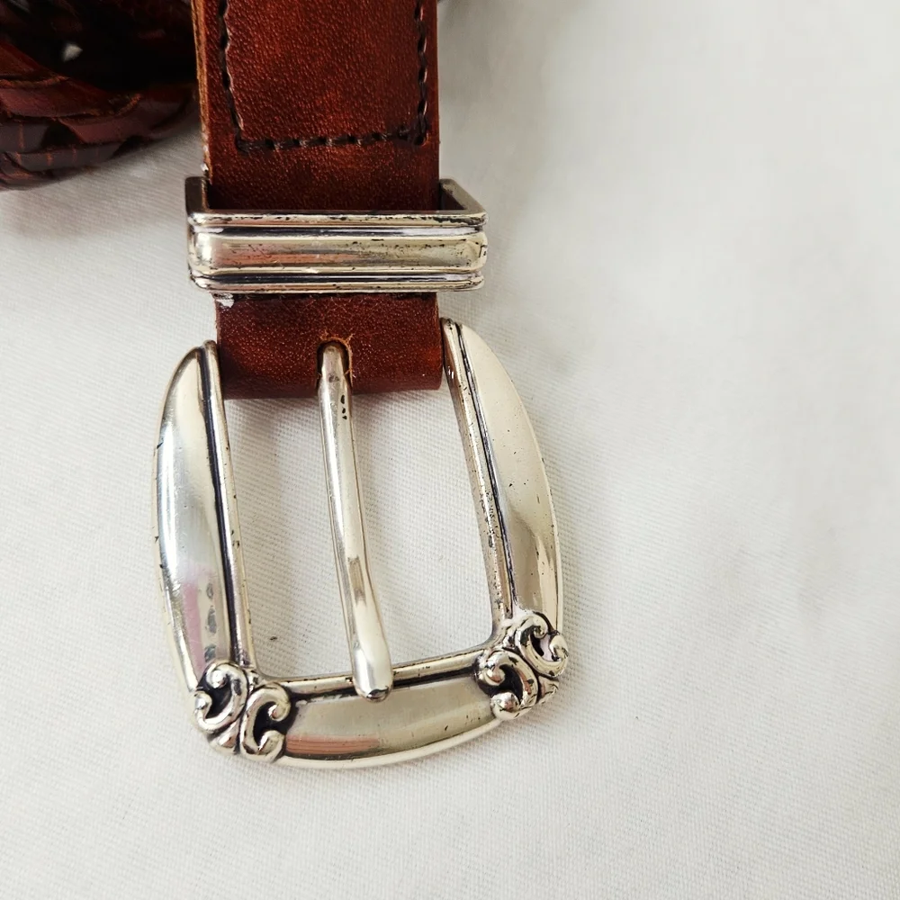 Fossil Brown Braided Leather Western Belt Silver Buckle Small